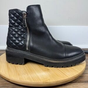 Steven New York "Fancey" Boots Womens 9.5M Black Quilted Moto Lug Sole Leather